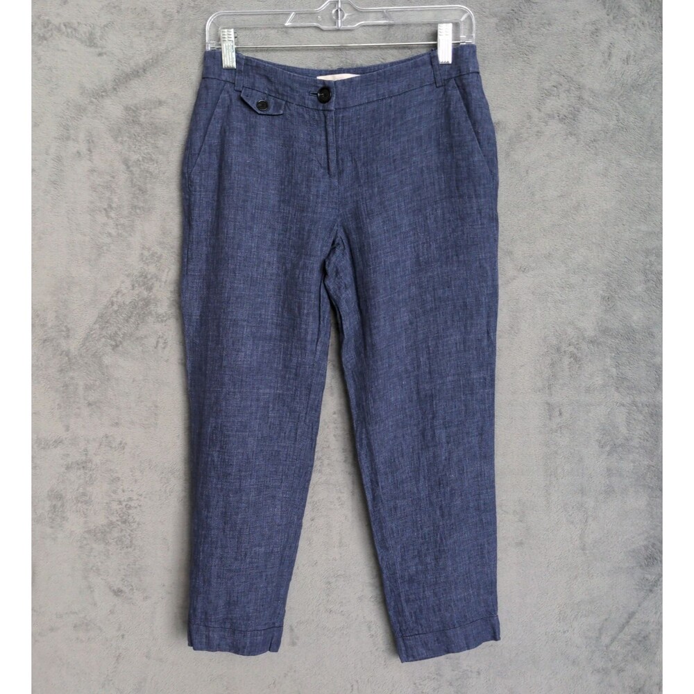 Ann Taylor LOFT Marisa Pants Size 0 Blue 100% Linen Flat Front Chino Nautical